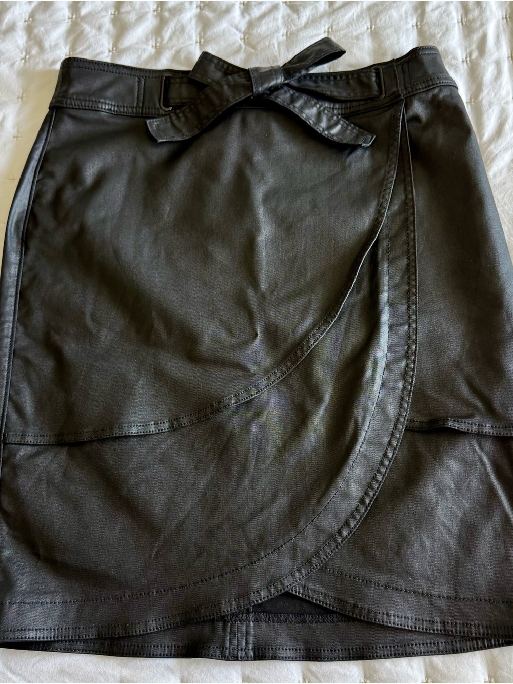 White House Black Market Black Faux Leather Wrap Mini Skirt with Bow Detail